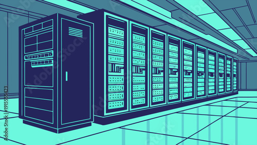Server racks in modern data center, representing cloud computing, artificial intelligence processing, and secure database storage infrastructure.