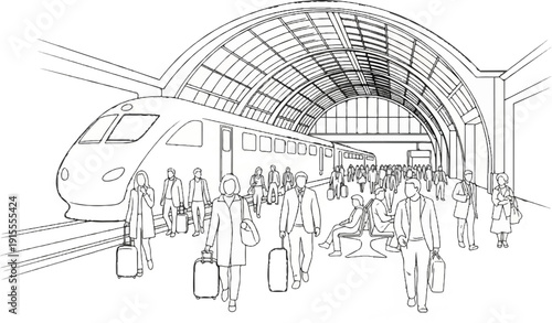 Busy train station platform with passengers and arriving modern train