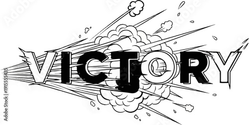 Comic-style word "VICTORY" bursts forth with explosive energy and speed lines