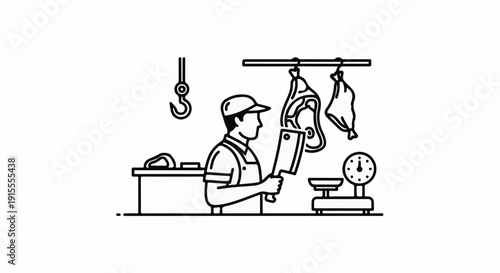 Butcher with cleaver and hanging meat cuts in a shop