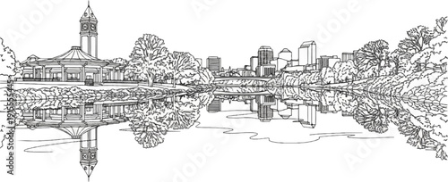 Cityscape with clock tower, trees, and water reflection