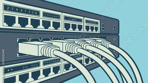 Digital code overlay with network switch and Ethernet cables in modern server room, representing data center infrastructure and connectivity.