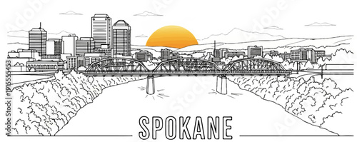 Cityscape with bridge over river at sunset, sketch art