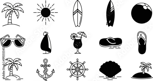 Collection of seaside and summer icons including palms, sun, surfboards, and drinks