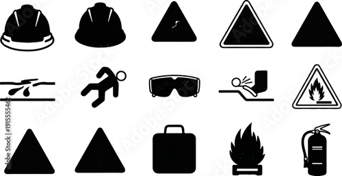Collection of safety icons including hard hats, warning signs, and fire equipment