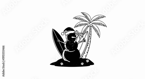 Cartoon snowman with a Santa hat and surfboards on a beach