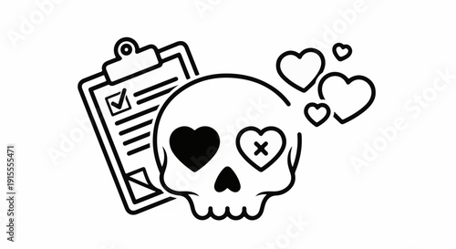 Cartoon skull with heart eyes and checklist