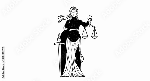 Blindfolded woman holding scales and sword, symbolizing justice