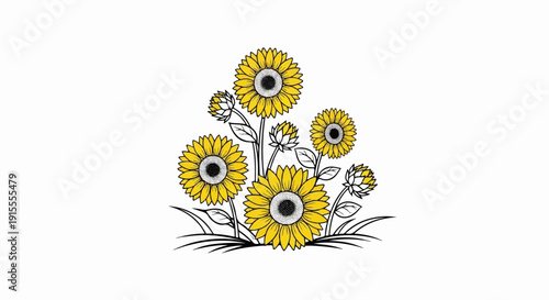 Blooming yellow sunflowers with developing buds and grass