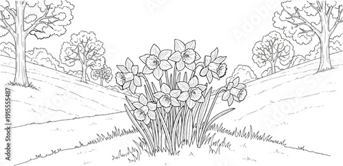 Blooming daffodils adorn a sunlit grassy hillside with mature trees in background