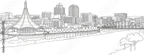 Cityscape sketch with modern architecture, a river, a bridge, and a pavilion