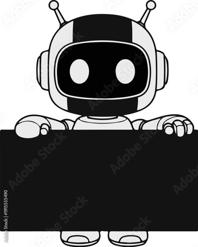 Cartoon robot holding a blank black sign, ready for text