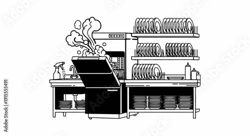 Commercial kitchen dishwashing area with steaming machine and stacked plates