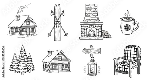 A collection of cozy winter-themed illustrations featuring houses, trees, and warm beverages. Vector