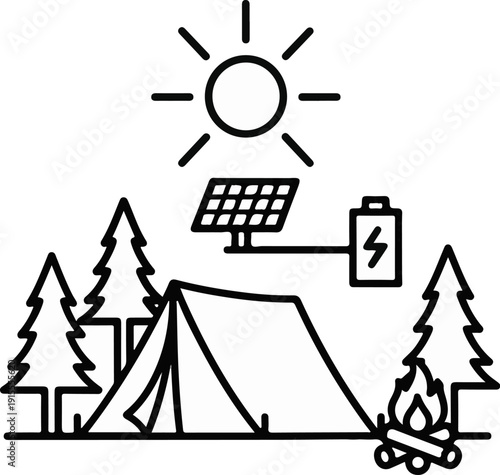 Camping with solar power and campfire