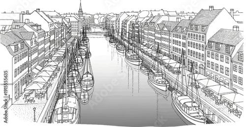 Canal lined with buildings, boats, and outdoor cafes, rendered in black and white