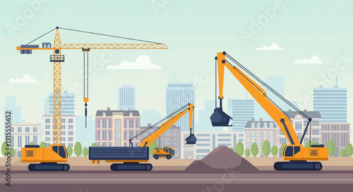 City construction with excavators, crane, and dump truck