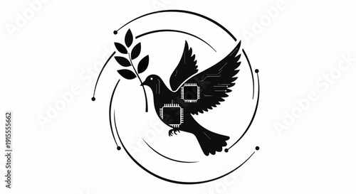Dove carrying olive branch symbolizes peace and technology fused together in a modern design.
