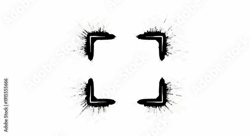 Abstract black ink splatters forming corner brackets on a clean white background