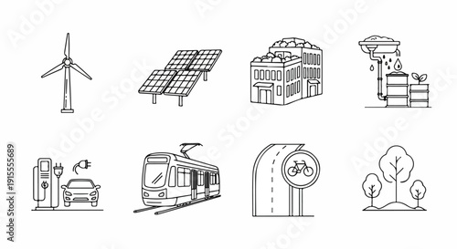 Illustration depicting various sources of renewable energy and their applications Vector