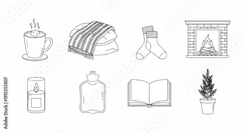 A cozy winter scene with a cup of tea, a cat, and a fireplace Vector