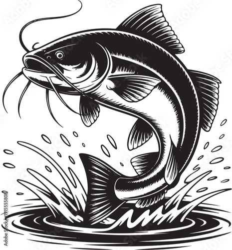 Catfish jumping out of water with splash for fishing hobby and seafood restaurant design