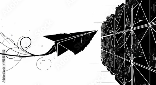 Futuristic paper airplane soaring towards a complex geometric network representing global connection and technology.