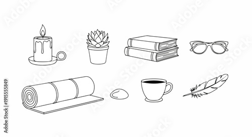 A collection of various items including a candle, plant, book, glasses, cup, and more. Vector