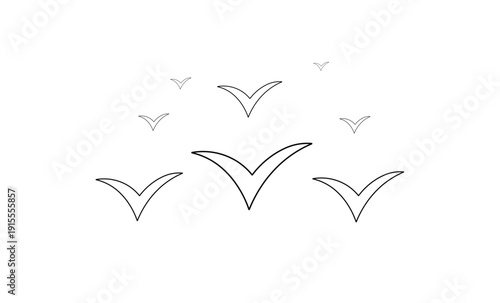 Flying bird flock soaring through open space using black line art style for creative decor