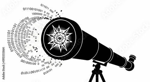 Telescope reveals digital data stream flowing into a star-like pattern, symbolizing data exploration and discovery.