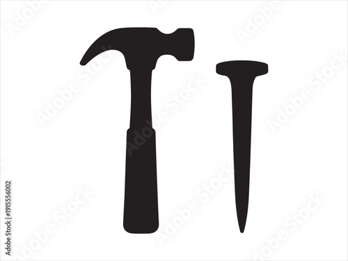 A simple black silhouette of claw hammer and nail vector, Hammer hitting a nail graphic silhouette vector illustration