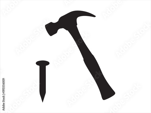 A simple black silhouette of claw hammer and nail vector, Hammer hitting a nail graphic silhouette vector illustration
