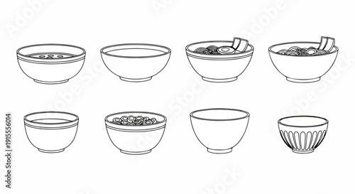 Assorted bowls with various contents and designs Vector