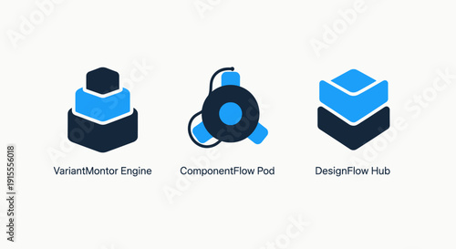 Flat design blue and dark blue icons representing variant monitoring, component flow, and design hub concepts for modern software architecture and development.