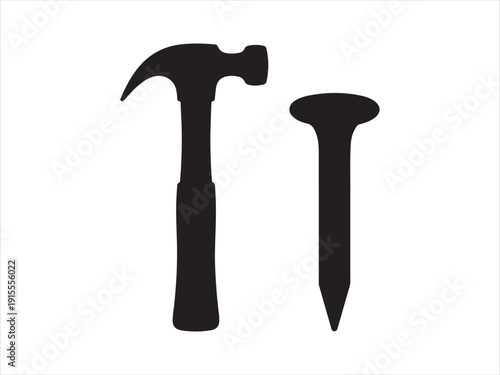 A simple black silhouette of claw hammer and nail vector, Hammer hitting a nail graphic silhouette vector illustration