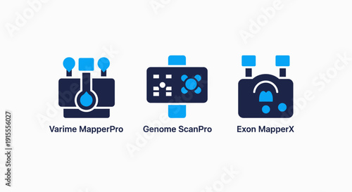 Modern flat design icons for genetic variant mapping, genome scanning, and exon analysis software, representing advanced bioinformatics and molecular biology research tools.