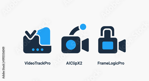 Flat design icons representing advanced video tracking, AI-powered clip processing, and frame logic software for professional media production and editing.