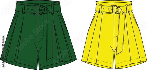 Women High Waisted Pleated Shorts with Belt Vector Illustration Technical Sketch Mockup Set for Summer Fashion Design Isolated on White Background.