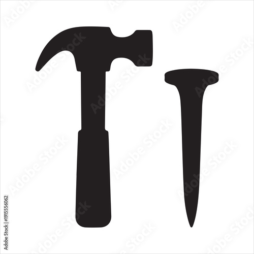 A simple black silhouette of claw hammer and nail vector, Hammer hitting a nail graphic silhouette vector illustration