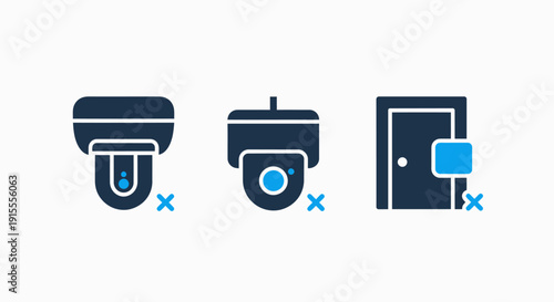 Modern flat design icons depicting surveillance cameras and a restricted access door with 'X' symbol, illustrating security, monitoring, and privacy concerns.