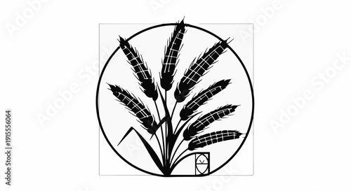 Stylized black and white illustration of wheat stalks within a circle, representing agriculture and growth.