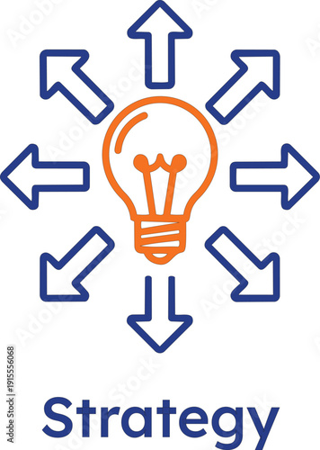 Professional vector icon featuring an orange lightbulb at the center of eight blue arrows pointing in every direction, representing multi-directional strategy, business expansion, and diversified inno