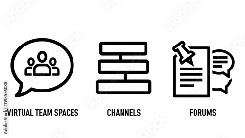 Line art icons for digital communication and collaboration: virtual team spaces, organized channels, and active online forums for community engagement.