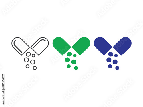 Opened Medical Capsule with Falling Granules vector icon set, Open Capsule Pill with Falling Granules Color Icon Set, blue, red, yellow collection 