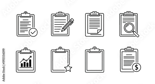 Variety of icons representing different aspects of document management and organization Vector