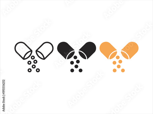 Open Capsule Pill icon set. Open capsule with granules for medicine flat black solid vector illustration