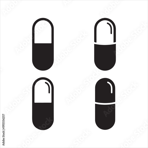 Pill icons set in multiple vector silhouette style collection. Capsule Medicine Pill Line and Solid Icon Set
