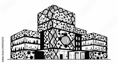 Modern building facade adorned with intricate DNA and molecular patterns, symbolizing science and innovation.