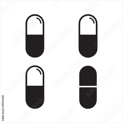 Pill icons set in multiple vector silhouette style collection. Capsule Medicine Pill Line and Solid Icon Set
