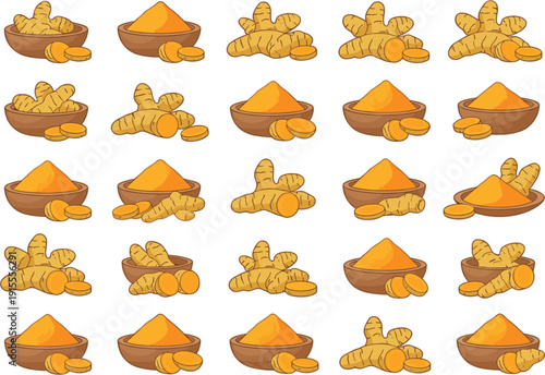 Turmeric powder heap and turmeric root flat icon set spice ingredient collection for cooking, herbal, organic and ayurvedic design